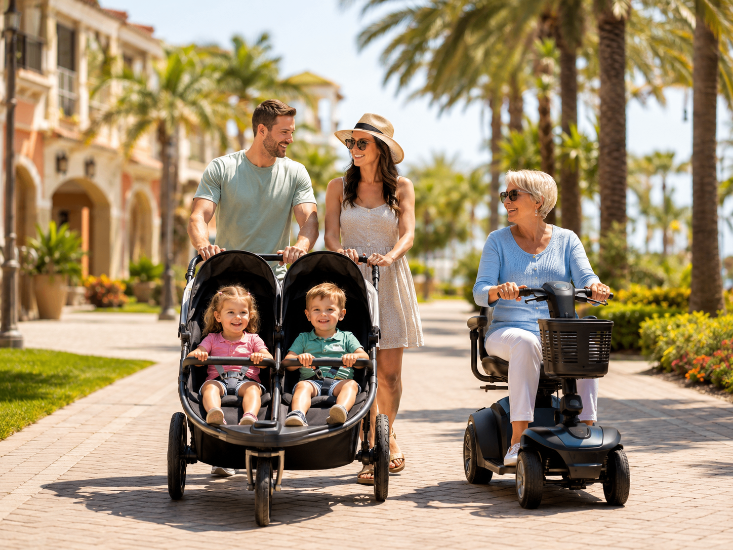 Family with stroller, wagon and mobility scooter at an Orlando resort